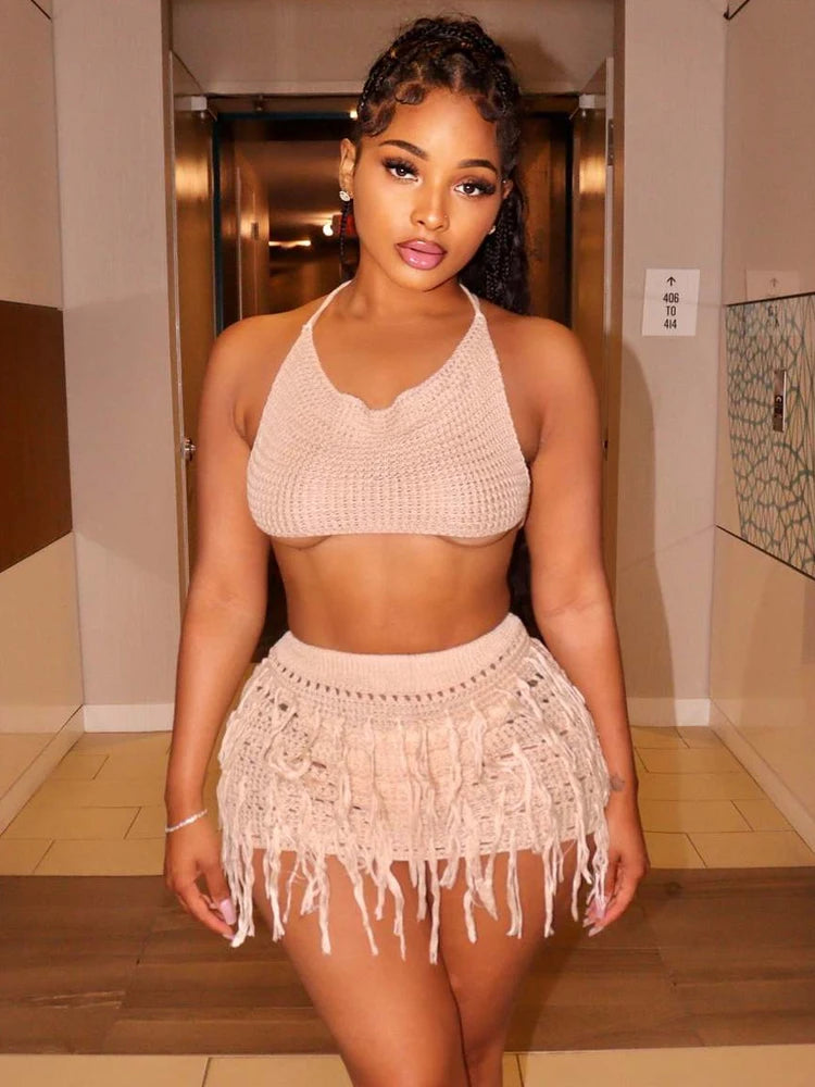Crochet 2 Piece Set Woman Sexy Beach Vacation Backless Bandage Halter Camisole+Tassel Skirts Party Matching Clubwear