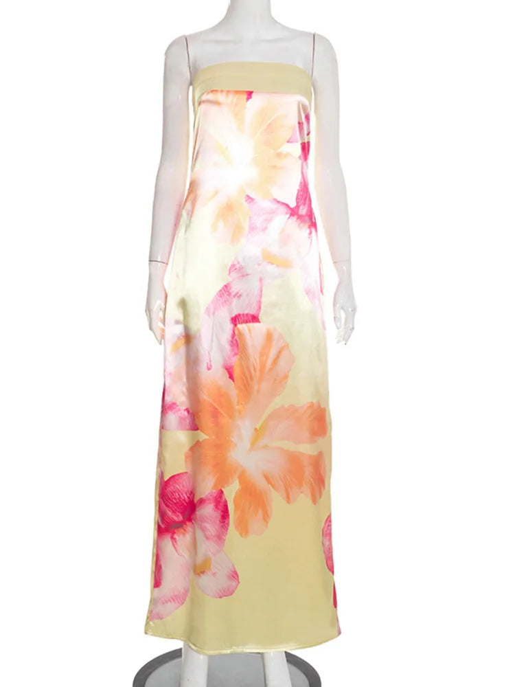 Satin Print Off-shoulder Sexy Maxi Dress Women Gown Elegant Strapless Sleeveless Backless Club Party Long Dresses