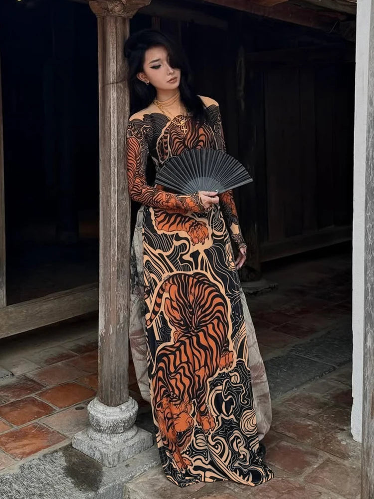 See Through T-Shirts Women Tiger Print Long Sleeve High Neck High Slits High Elastic Skinny Trend Street Hipster Tops