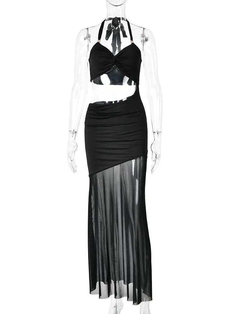 Women Halter Neck Cutout Sexy Maxi Dress Twisted Bust Draped Ruched Split Long Bodycon Dress Club Evening Party Dresses