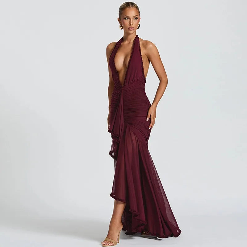 See Through Mesh Patchwork Sexy Party Dresses Burgundy Black Deep V Neck Backless Fishtail Maxi Dress