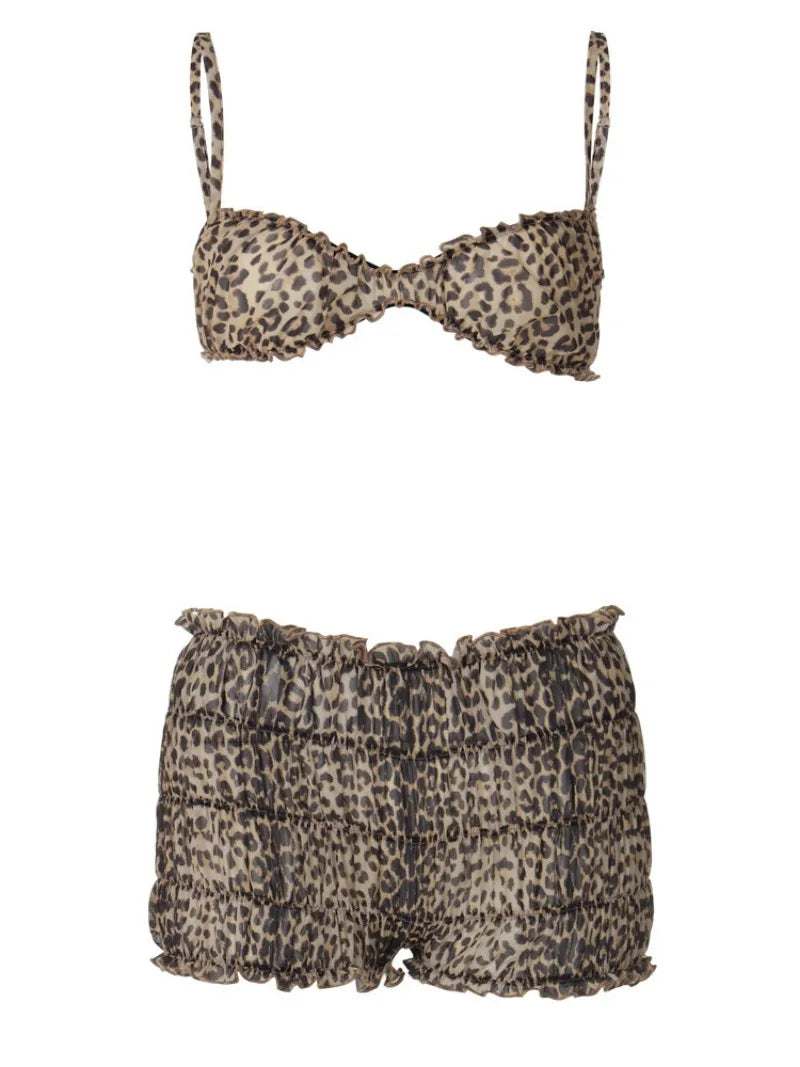 Leopard Print Mesh Sheer 2 Piece Set Ruched Shorts and Bralette Crop Top Sexy Summer Outfits Aesthetic Women