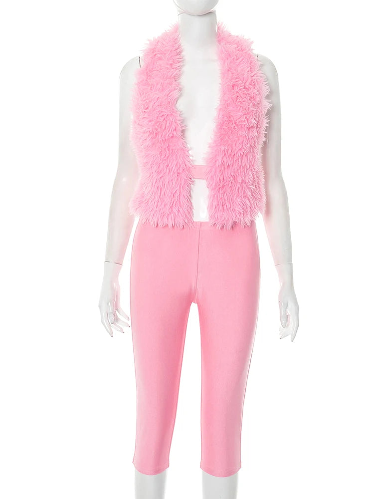 Y2K Furry 2 Piece Set Women Sexy Halter Backless Tank Tops+Tight Shorts Skinny Casual Activity Matching Streetwear