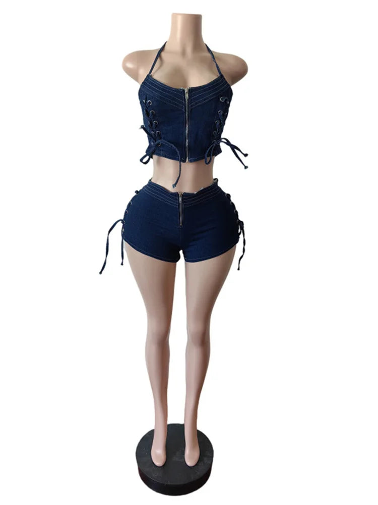 Shirring Decoration Denim 2 Piece Set Women Halter Low-Neck Backless Tops+Skinny Shorts Hottie Street Fashion Suits