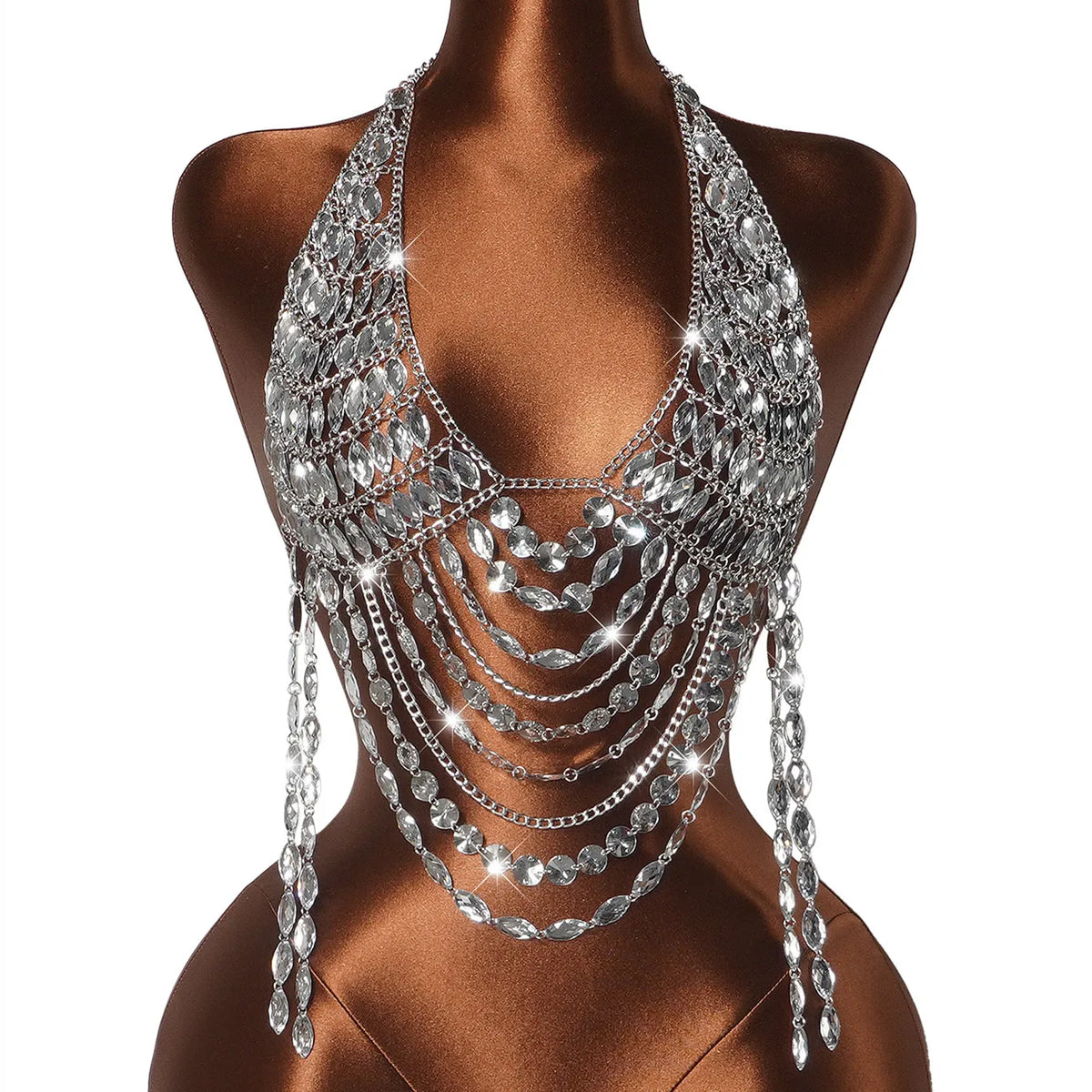 Sparkly Rhinestone Body Top Sexy Women Halter Deep V Multi Tassel Chain Harness Crystal Shimmer Rave Party Club Outfit