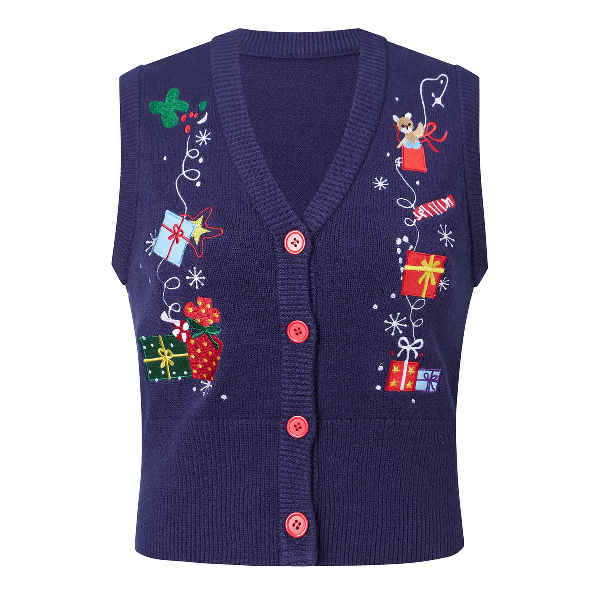 Women Christmas Embroidery Knit Waistcoat V Neck Sleeveless Button Front Cropped Sweater Vest Patterns Xmas Daily Wear