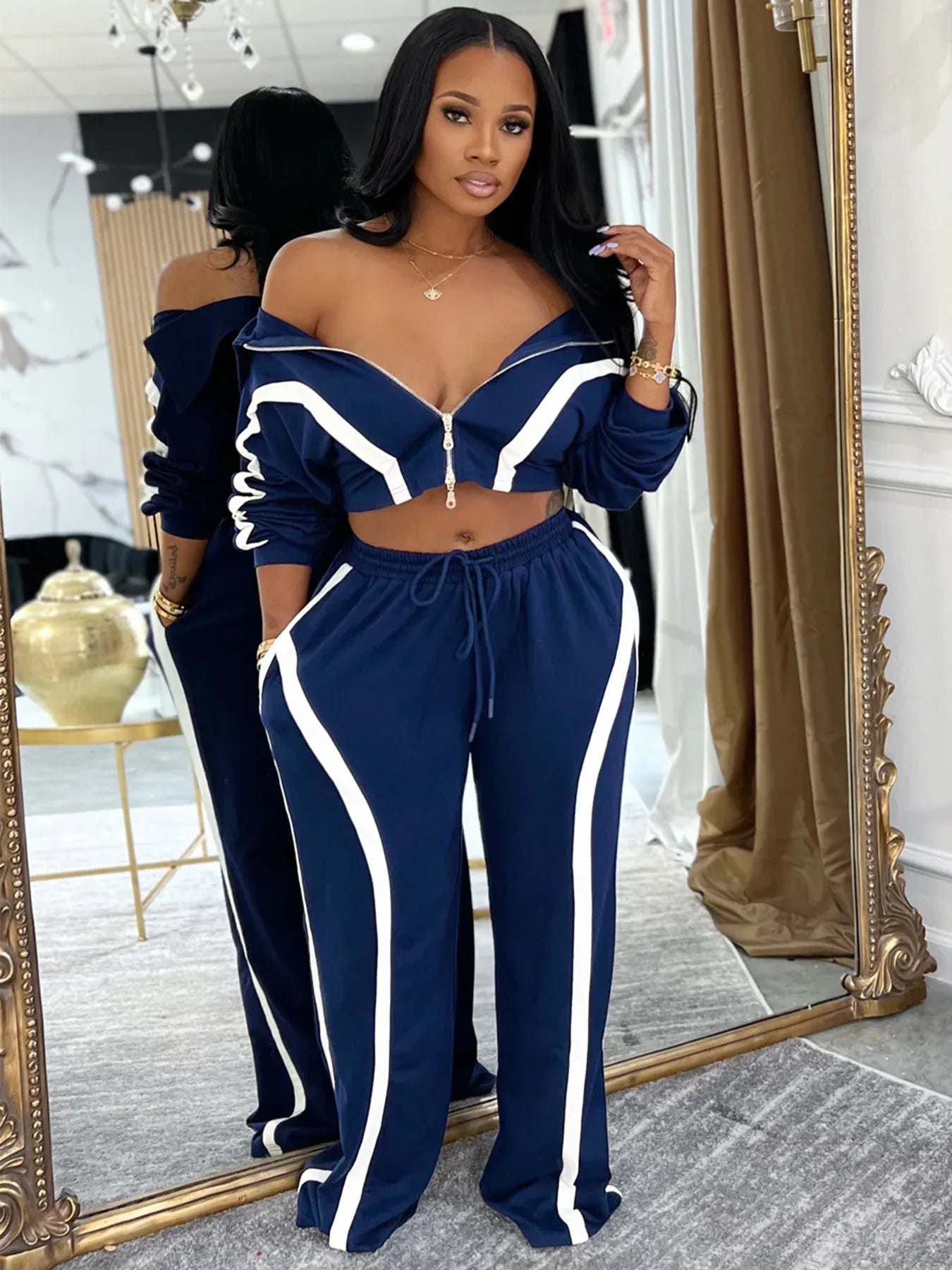 Casual Tracksuit 2-Piece Set Women Stripe Patchwork Zip Lapel Crop Jacket+Drawstring Pants Matching Sporty Outfits