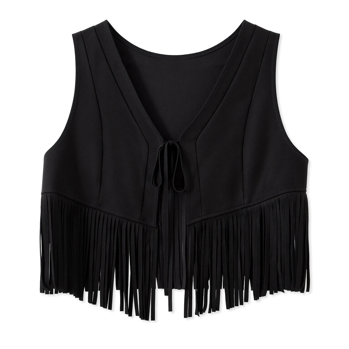 Women Retro Western Fringe Crop Vest Sleeveless Faux Suede V Neck Tie Front Tassel Waistcoat Festival Casual Outerwear