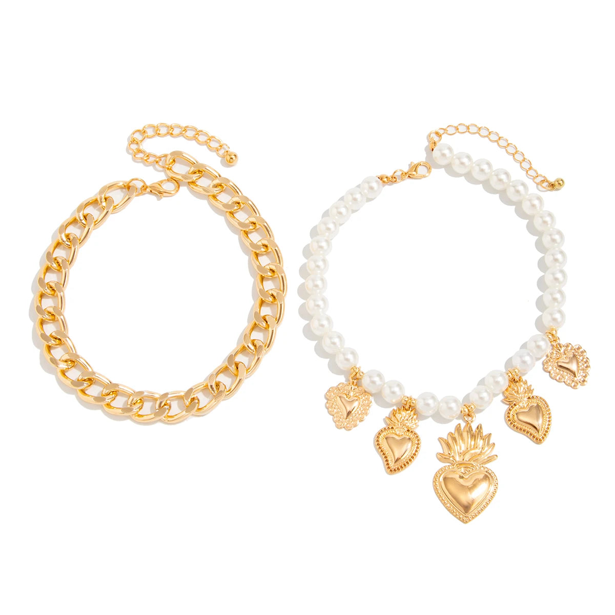 Boho Love Heart Pendant Beach Foot Anklet for Women Vintage Imitation Pearl Chain Ankle Summer Beach Sandals Jewelry