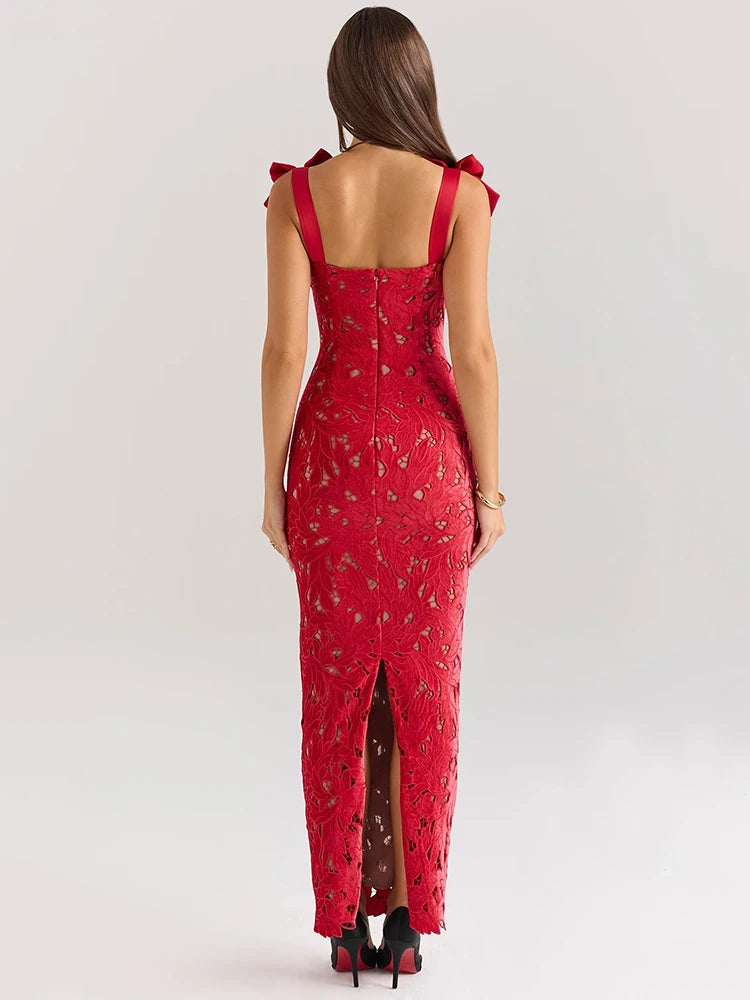 Bows Lace Sexy Maxi Dress For Women Fashion Sleeveless Backless Bodycon New Year's Birthday Club Party Long Dress