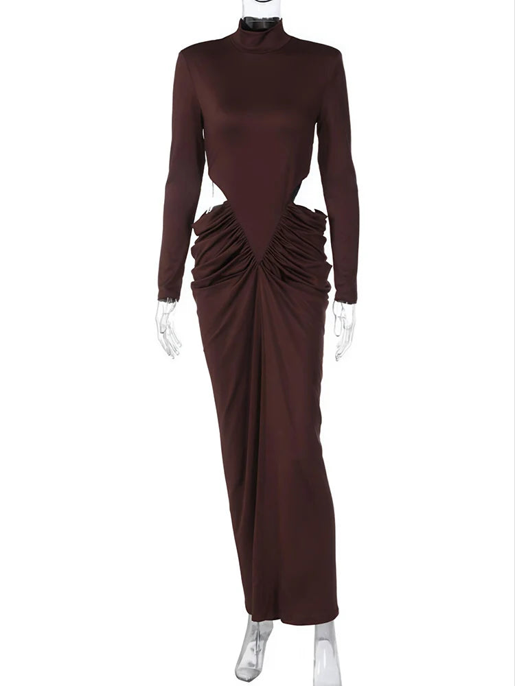 Turtleneck Long Sleeve Sexy Maxi Dress Women Elegant Autumn Winter Hollow Out Ruched Club Party Long Dresses Female