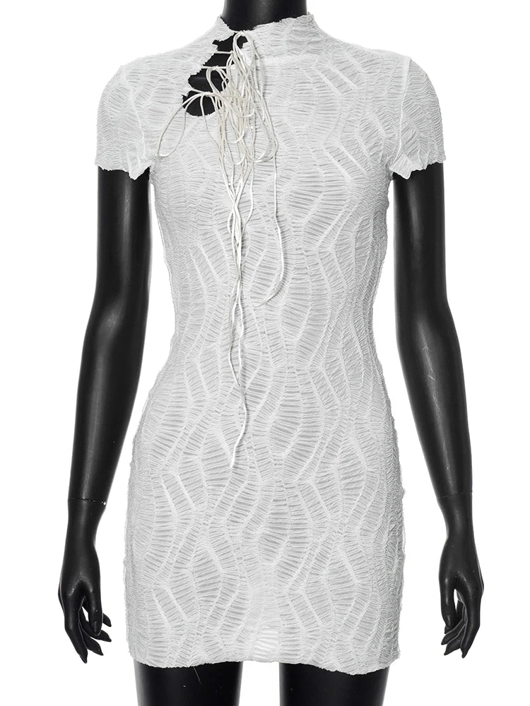 Jacquard Shirring Dress Women See Through Sexy Elegant Chic Y2K Shorts Sleeve Peach Hip Simple Fashion Mini Bodycon