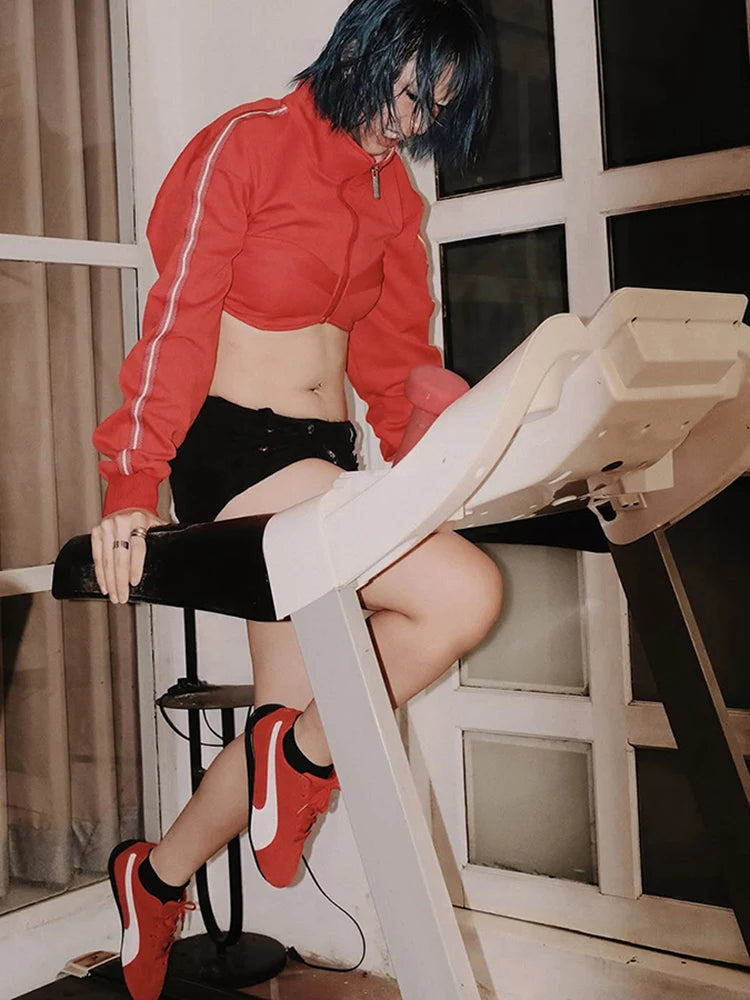 Casuals Patchwork Crop Jacket Women Y2K Hipster Elastic Cuffs Full Sleeve Zip Basic Classics Club Street Autumn Coat