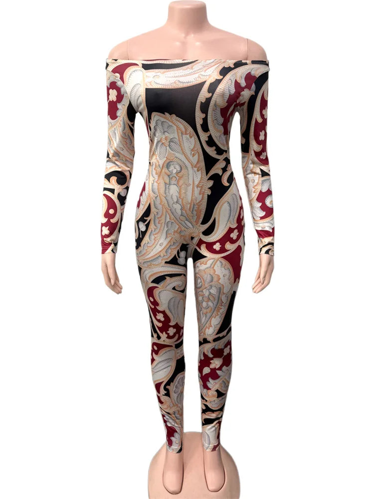 Slash Neck Jumpsuit Women Hipster Colorful Print Full Sleeve Stretch Skinny Fitness Activity Workout Slim Streetwear