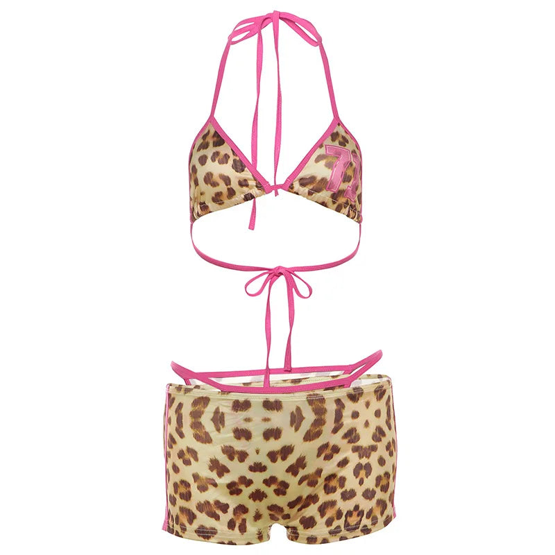 Leopard Print Bikini Shorts Set Women 3 Piece Matching Sets Sexy Beach Wear Vacation Outfits Woman 2024