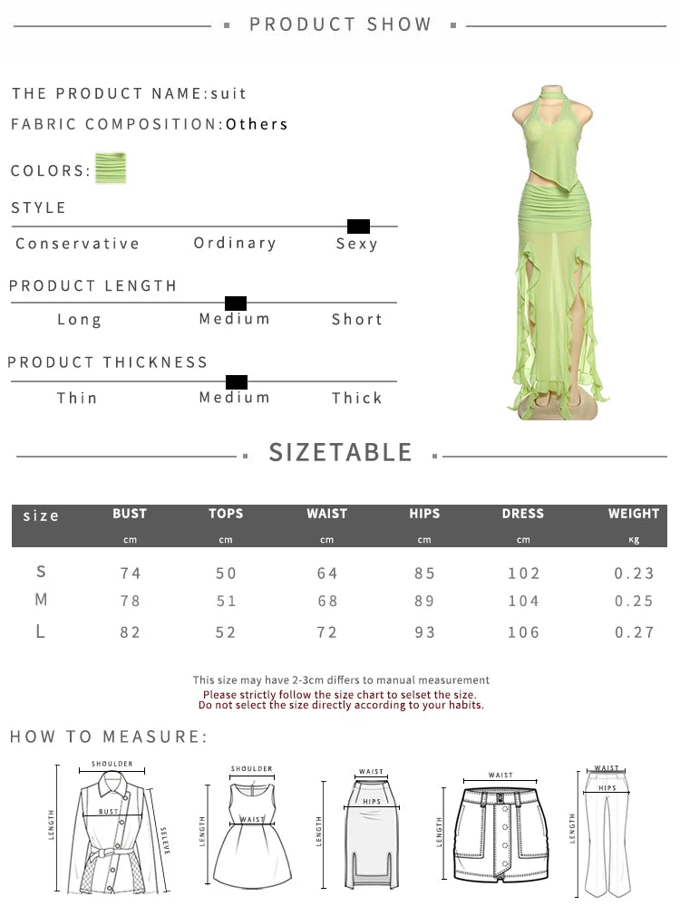 Sexy Fashion 2 Piece Set Women Halter Low-Neck Backless Tank Tops+Ruffles Tassel Splits Hem Skirts Wild Style Outfits
