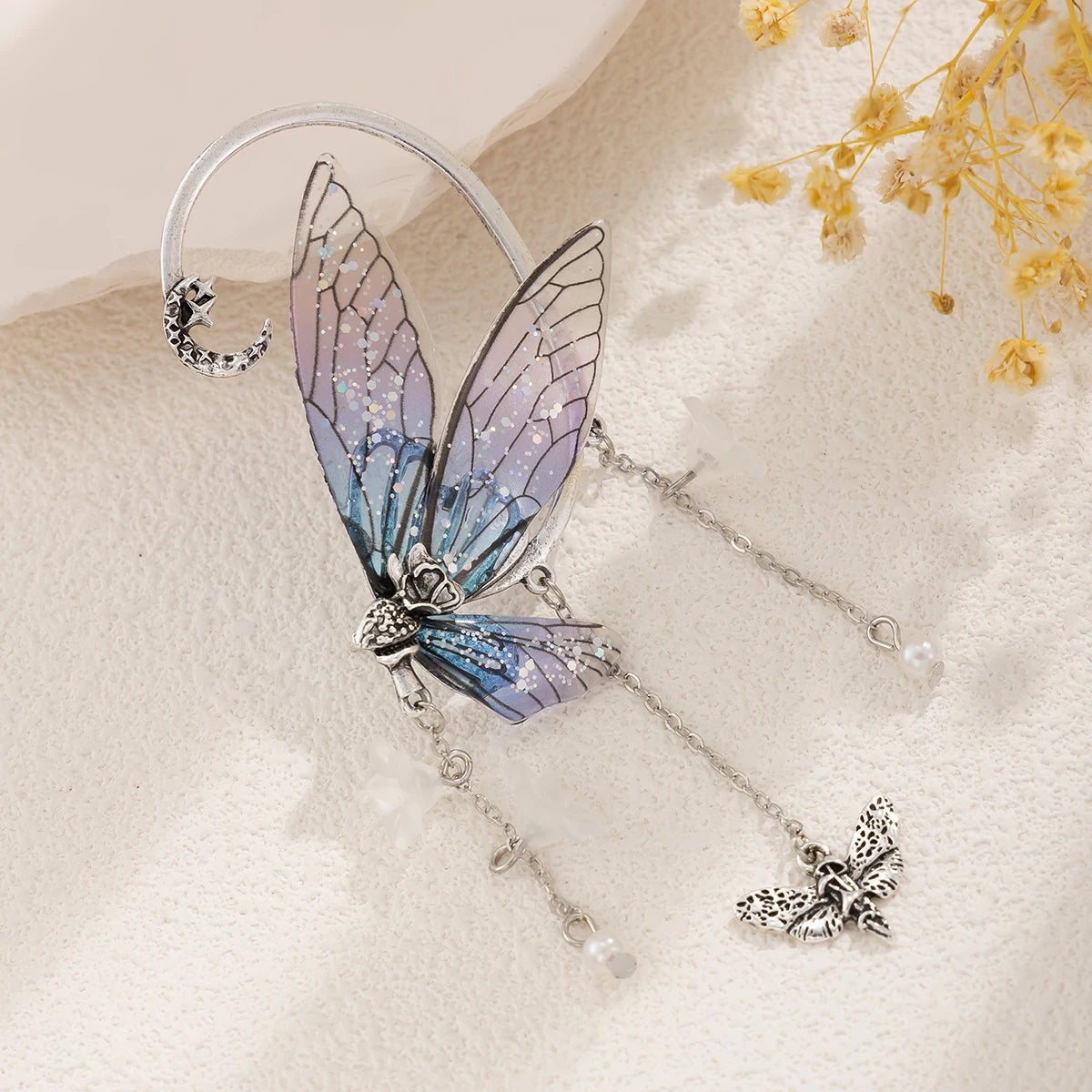 1PC Kpop Sweet Colorful Butterfly Tassel Clip Earrings Women Wed Bridal Elegant Elf Fairy Ear Cuff No Piercing Jewelry