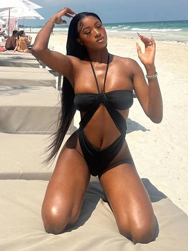 Y2K Sexy Bodysuit Women Summer Ruched shirring Halter Backless Sleeveless Beach Vacation Body Hipster Midnight Tops