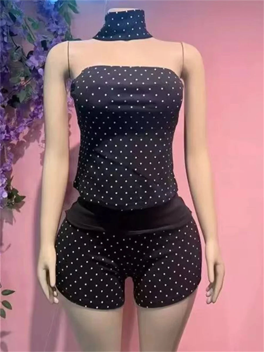 Chic Polka Dot Print 2 Piece Set Women Fashion Halter Tank Top+Patchwork Bike Short Sexy Trend Party Club Streetwear