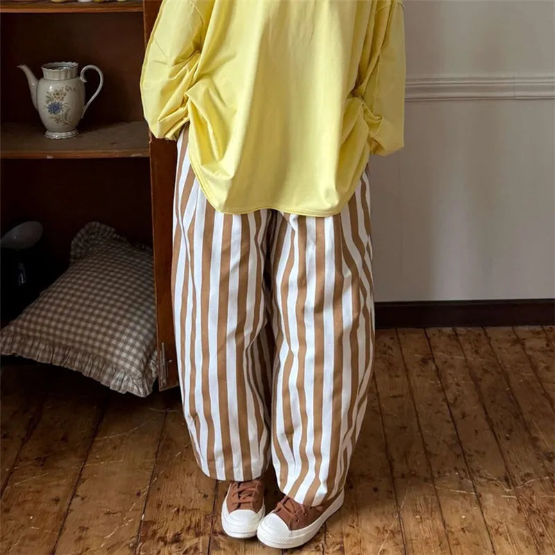 Women Vertical Striped Balloon Pants Elastic High Waist Double Button Loose Baggy Wide Leg Casual Trousers With Pockets