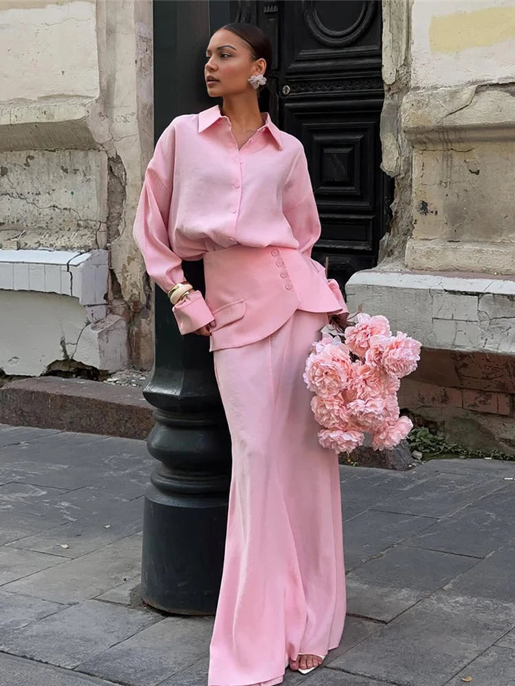 Single-Breasted 3 Piece Set Women Elegant Polo Neck Full Sleeve Blouse+Pinafore+Skirt Matching Trend Chic Streetwear