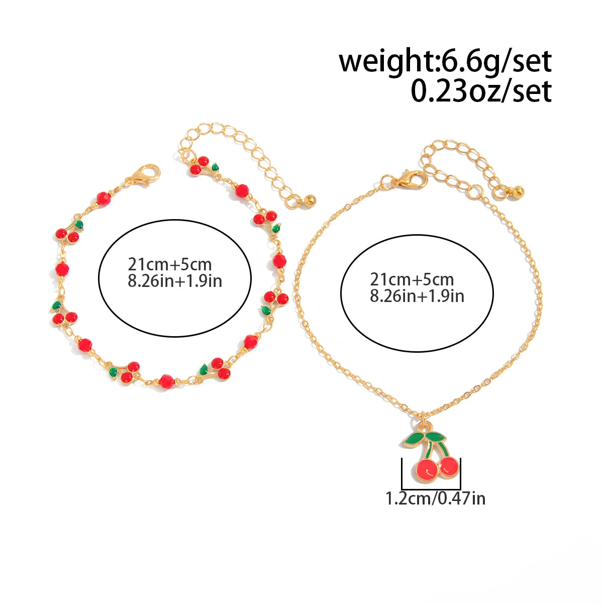 2Pcs/Set Boho Exquisite Red Cherry Pendant Anklet for Women Summer Beach Simple Metal Chain Ankle Barefoot Foot Jewelry
