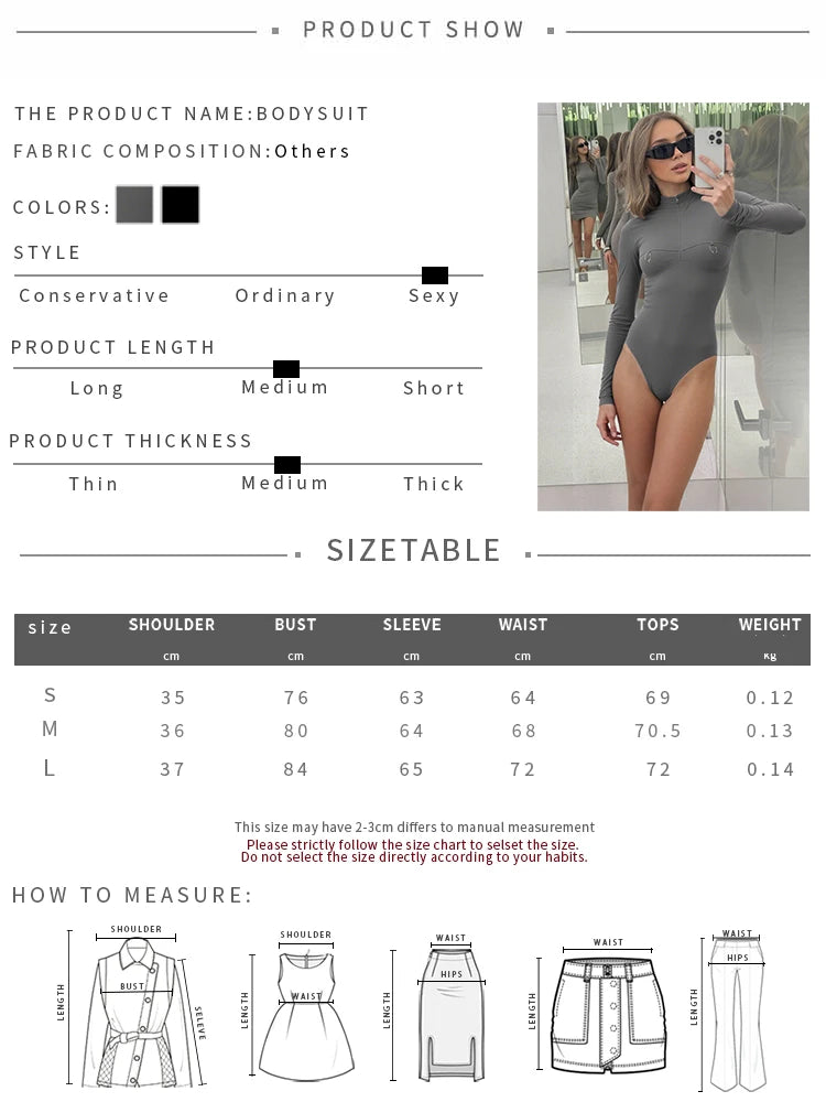 Zipper Bodysuits Women Metal Ring Decoration Half Turtleneck Full Sleeve Skinny Elasticity Simple Classic Sexy Streetwear