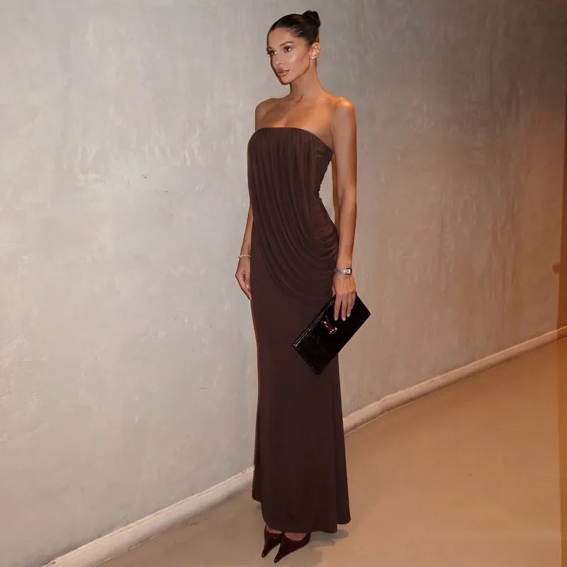 Strapless Maxi Dress with Ruched Asymmetric Draped Mesh Evening Party Dresses for Ladies Elegant