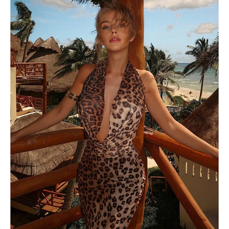 Leopard Print Halter Backless Long Dresses Beach Vacation Outfits Birthday Dress Women Sexy Party Wear