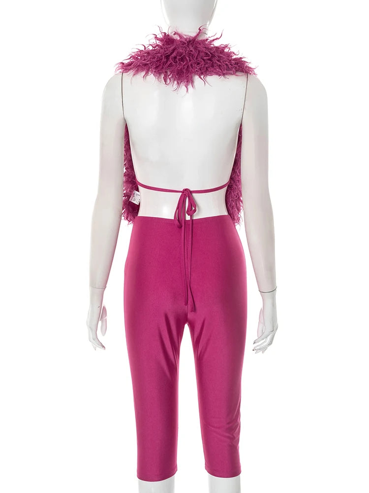 Sexy Furry 2 Piece Set Women Y2K Lace Up Halter Backless Tank Tops +Tight Shorts Matching Casual Activity Streetwear