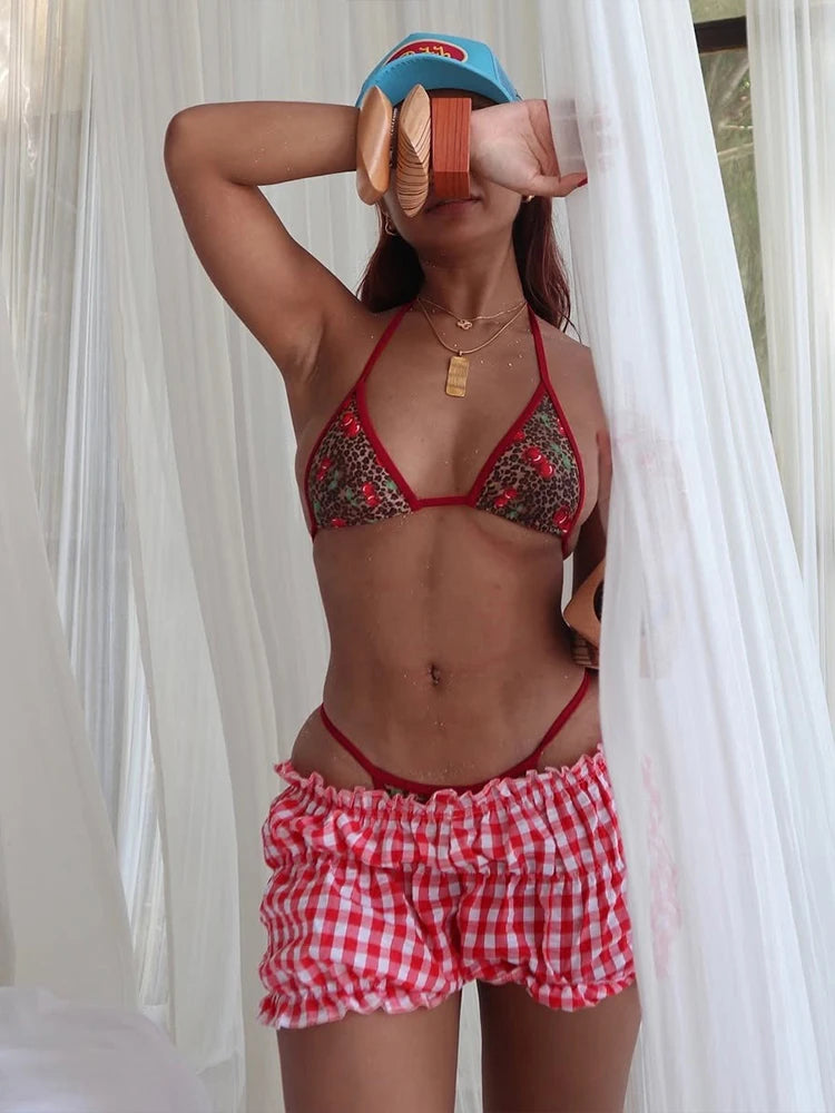 Leopard Patchwork Cherry Print 3 Piece Set Women Sexy Lace-Up Halter Bra+Thong+Skinny Shorts Beach Style Bikini Suits