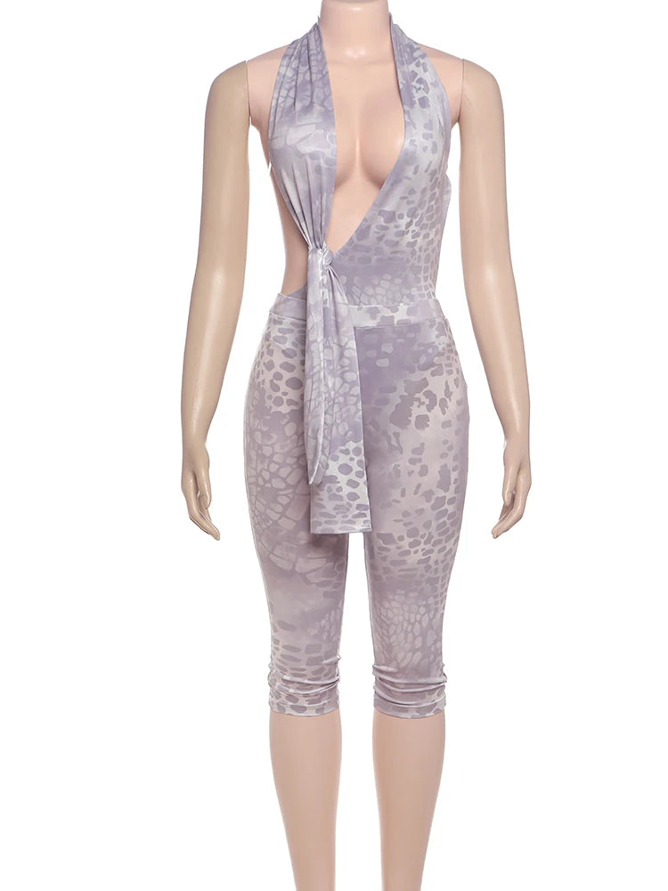 Leopard Print 2 Piece Set Women Backless Irregular Knot Halter Bodysuits+Stretch Shorts Street Matching Sexy Suits