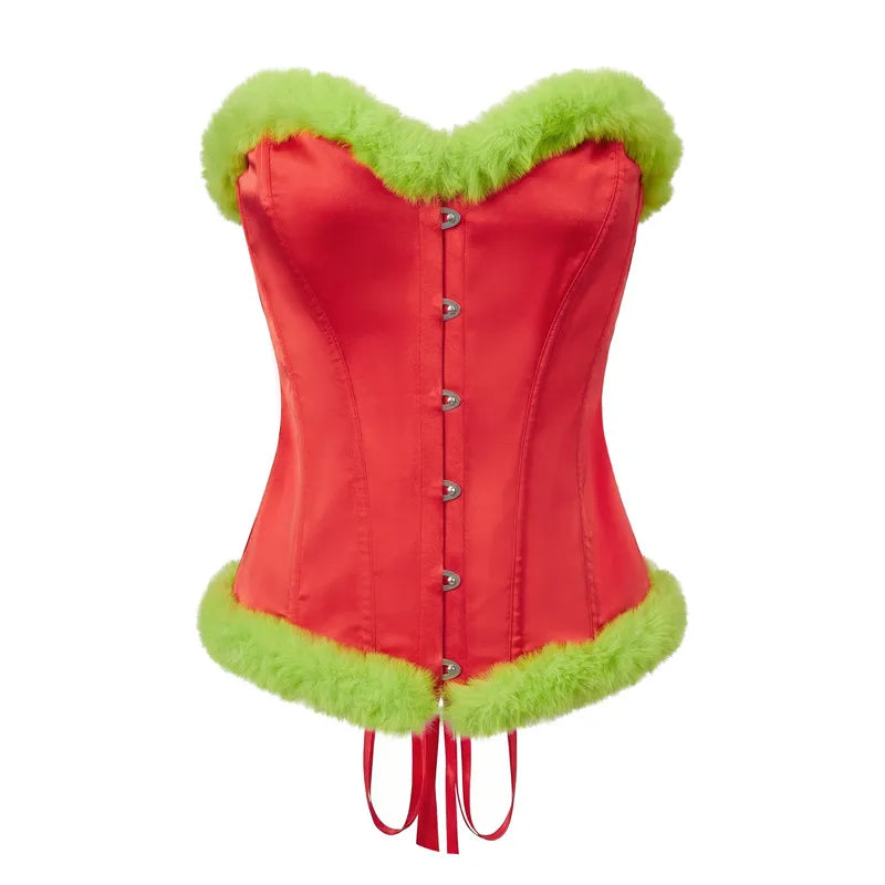 Christmas Corset Bustier Women Plush Fur Trim Strapless Tube Top Front Button Back Lace Tie Waist Cincher Party Outfit