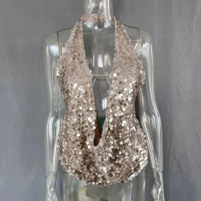 Sexy Sequins Deep V Backless Halter Tops Island Clothing Summer 2025 Fashion Tank Top Woman Beach Resort Wear