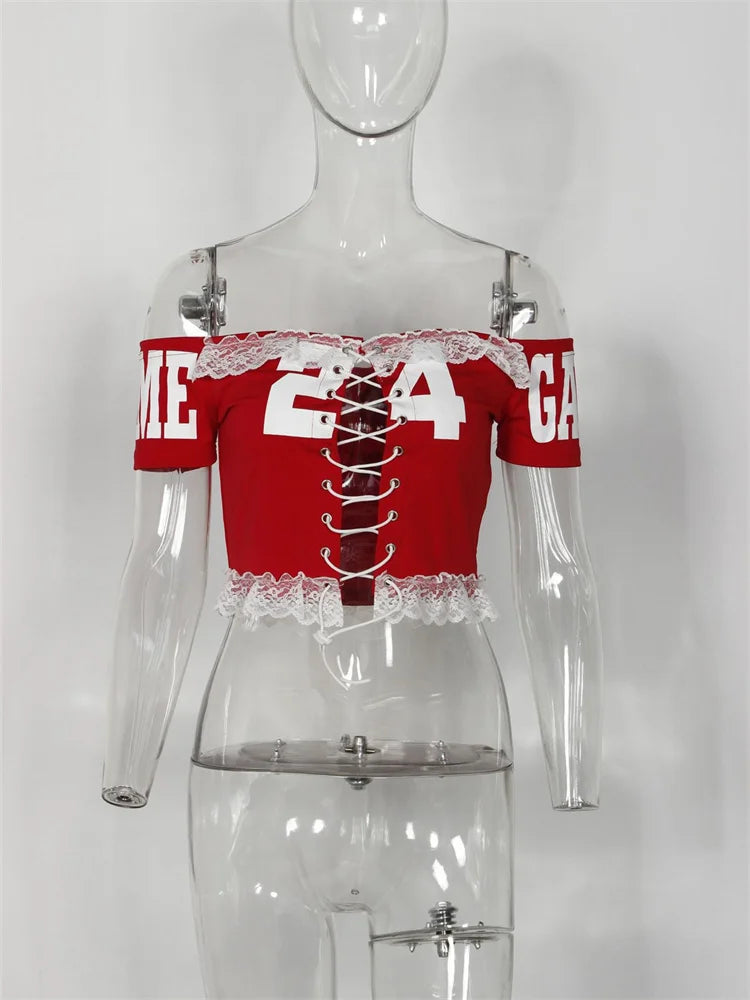 Patchwork Lace crop top Women Bandage Y2K Number Print Slash Neck Skinny Summer Sexy Backless Hollow Shirring Tees