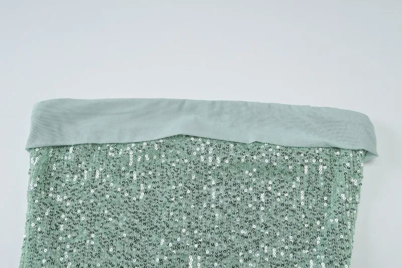 Sequined Strapless Backless Split Maxi Dress with Mesh Scarf Woman Elegant Evening Gown Party Dresses