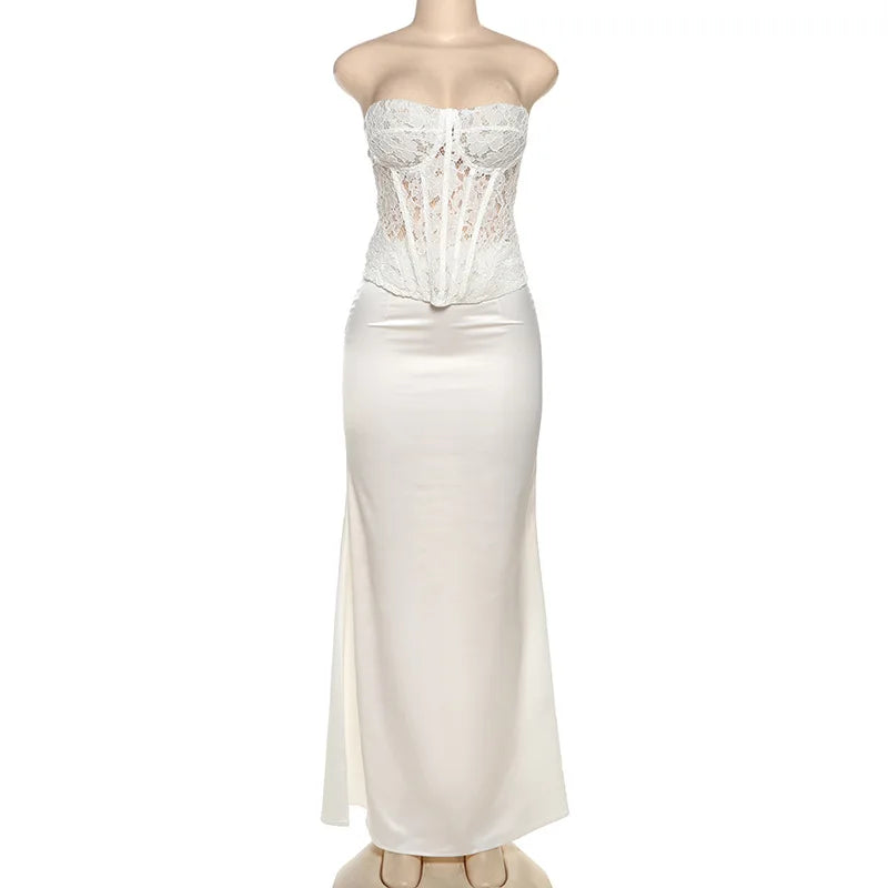 Elegant Two Piece Sets for Women Lace Corset Top and Satin Maxi Skirt White Party Outfits Summer 2025