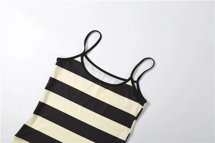 Stripe Print Camisole+Scarf Women Low-Neck Backless Skinny Stretch Summer High Street Casual Style Classic Tank Tops