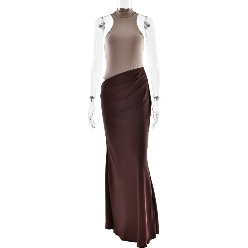 Satin Patchwork Hollow Long Dresses Elegant Woman Clothes Sleeveless Fishtail Maxi Dress