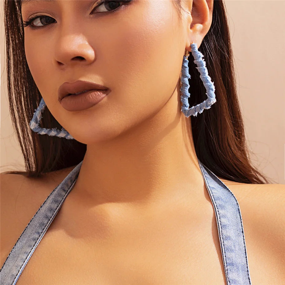 High Quality Exaggerated Blue Denim Hoop Earrings for Women Vintage Big Star Round Triangle Square Geometric Earring Y2K Jewelry
