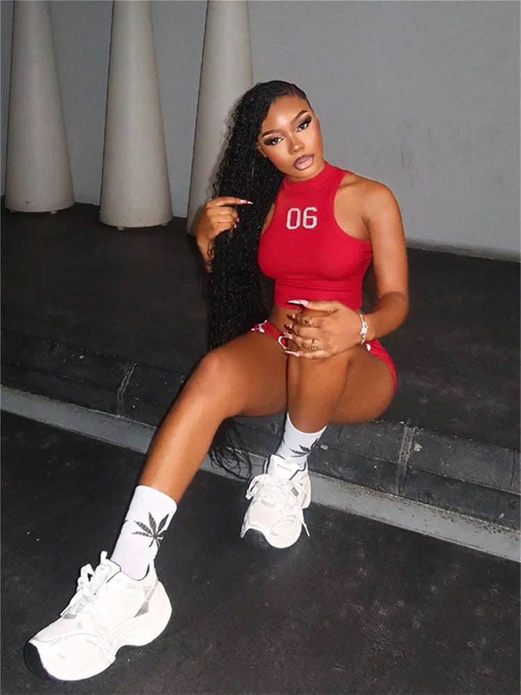 Number Print Fashion Patchwork Sporty 2 Piece Set Women Skinny Crop Tops+Drawstring Shorts Casual Simple Tracksuit