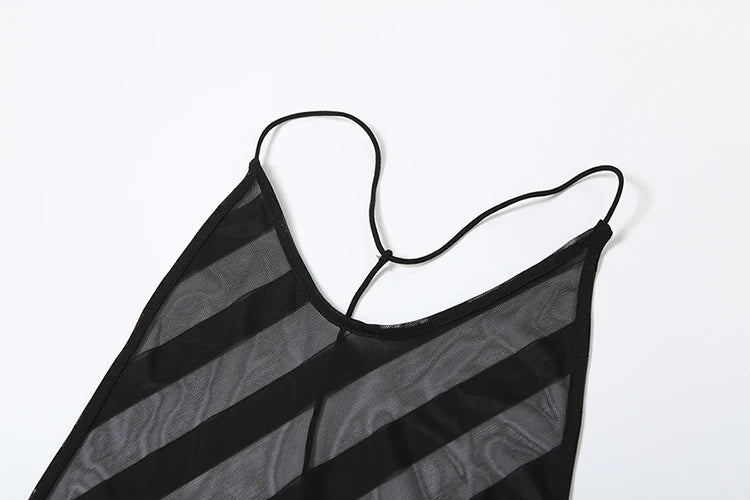 See Through Dress Women Summer Sexy Backless Sleeveless Side Slit Diagonal Stripes Lace Midnight Club Party Vestidos