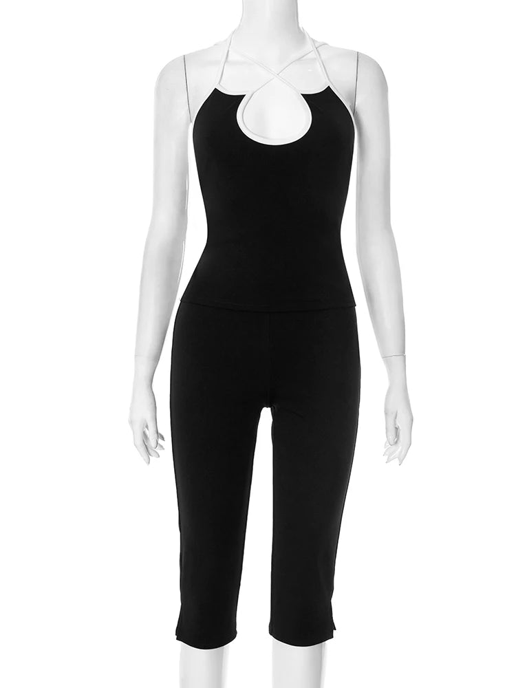 Casual Tracksuit 2 Piece Set Women Contrast Lace-Up Halter Backless Camisole+Stretch Pants Simple Fashion Outfits