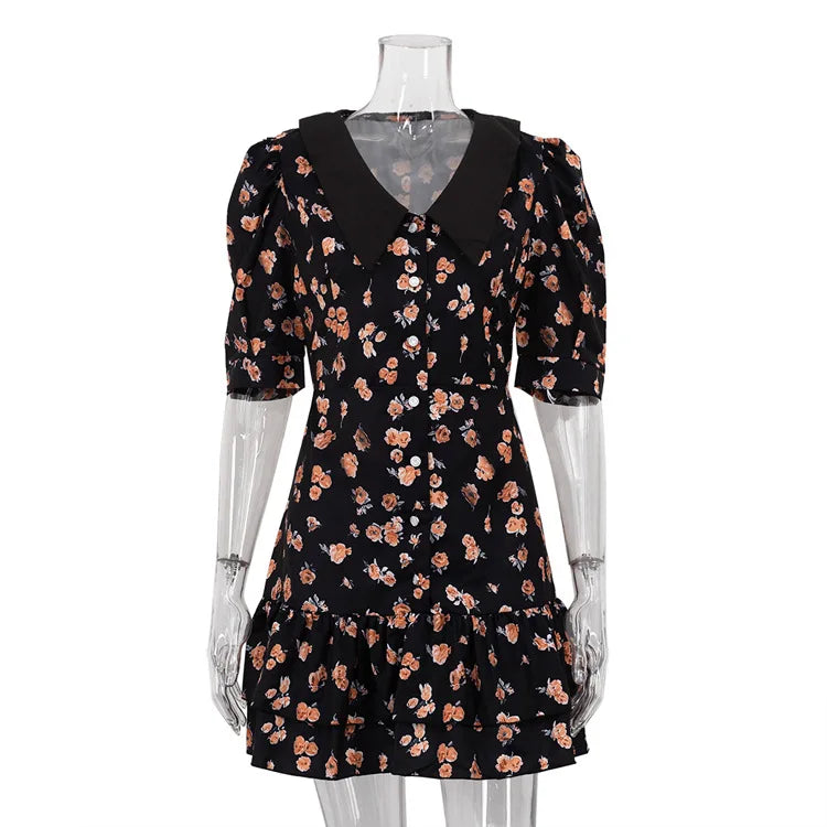 Short Sleeve Floral Mini Dress For Women Robe Turn-down Collar Elegant French Dress Ladies Fashion High Waist Dresses