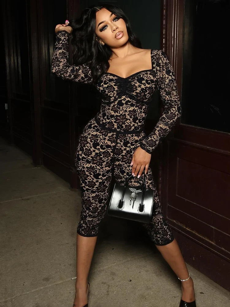 Double Jacquard Women 2 Piece Set Full Sleeve Square Collar Crop Tops+Bike Shorts Matching Streetwear Skinny Outfits