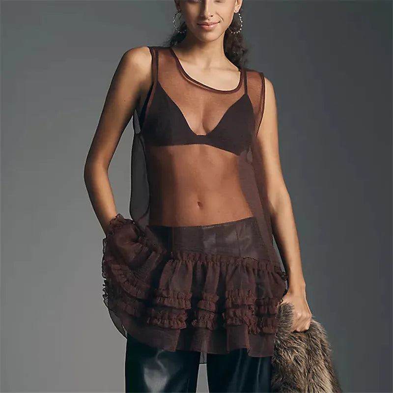 Women Sheer See Through Tank Tops Summer Layered Ruffle Sleeveless Shirt Basic Vest Y2K Aesthetic Clothes for Streetwear
