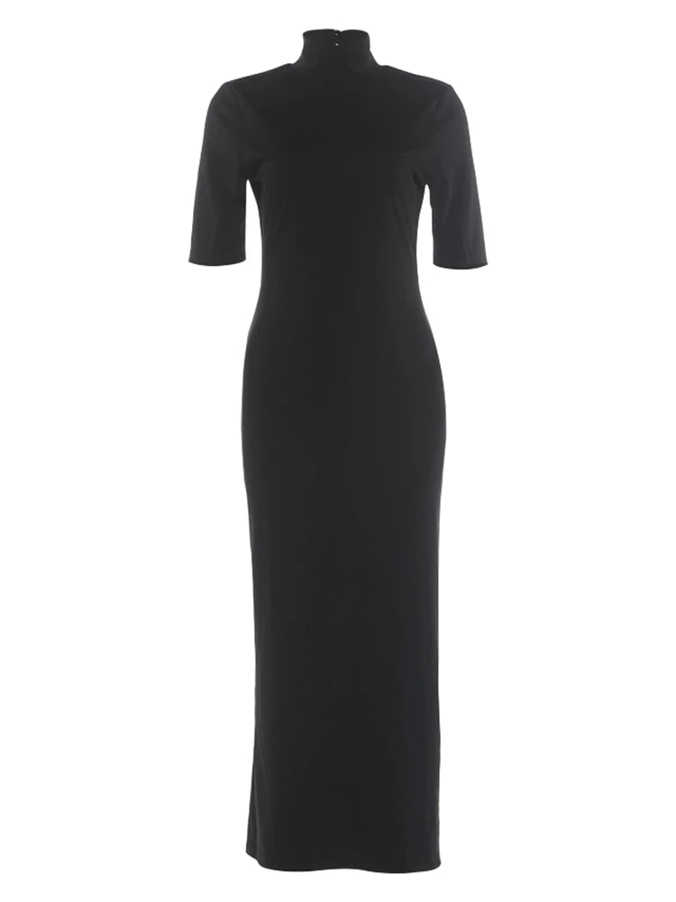 Sexy Backless Long Dress Woman Summer Trend Turtleneck Short Sleeve High Waist Skinny Stretch Prom Elegant Vestidos