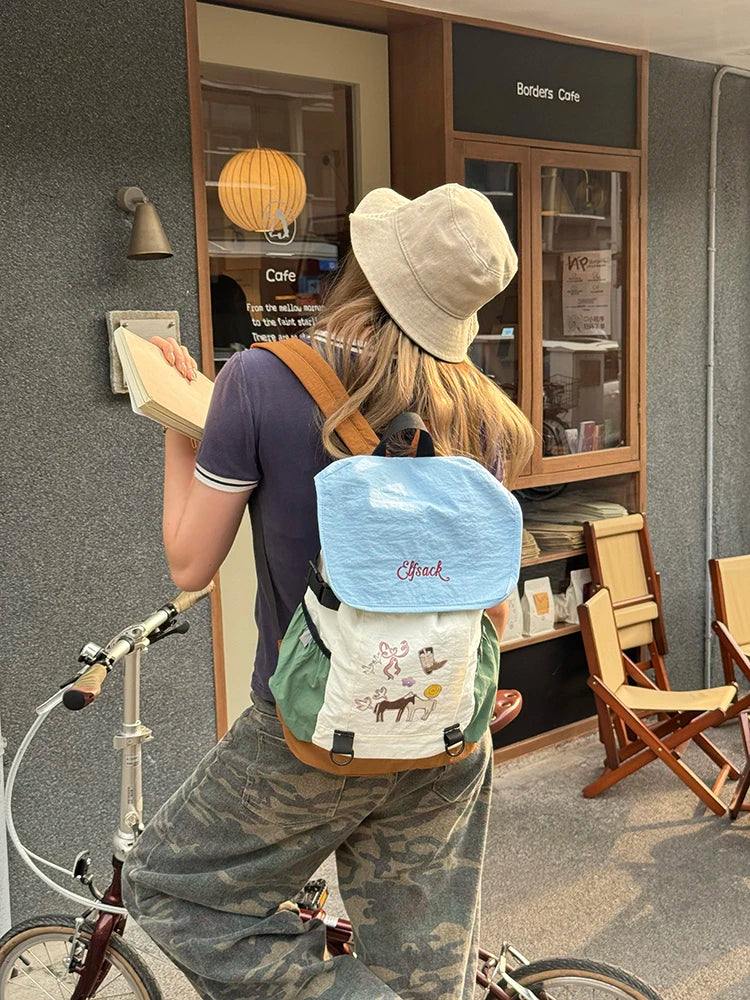 Color‑Block Lightweight Drawstring Backpack with Cartoon Animal Print, Casual Daypack for Outdoor Travel