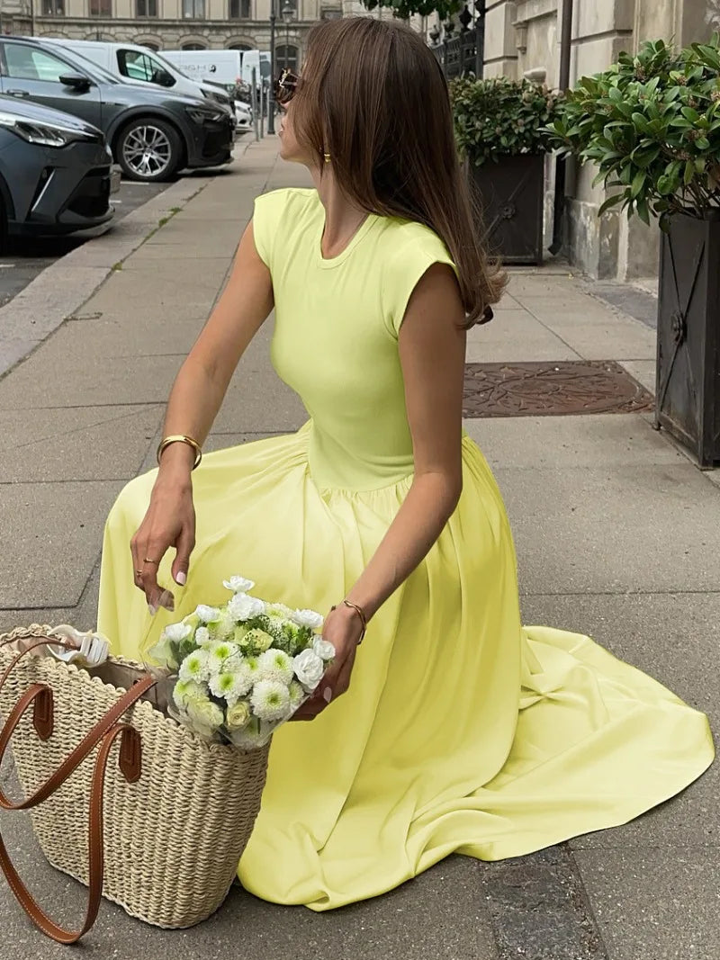 Elegant Fashion Sleeveless Long Dresses for Summer Casual Loose Yellow Dress French Style Woman Clothes