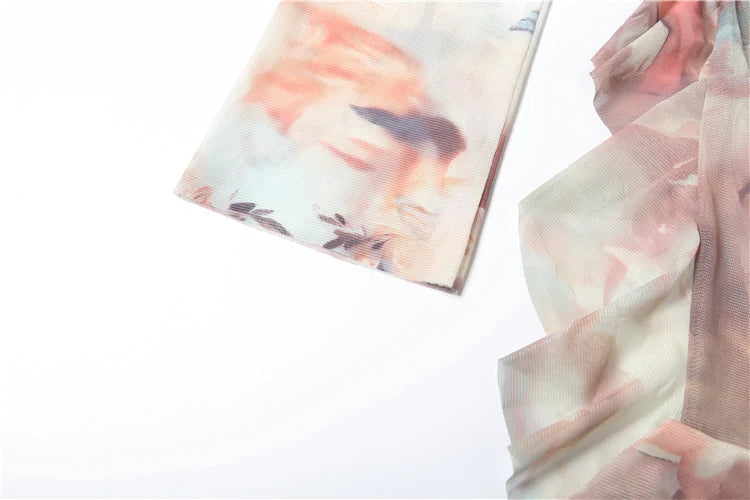 Slash Neck Dress Women See Through Full Sleeve Tie-Dye Print Coquette Autumn Trend Skinny Midnight Club Party Bodycon